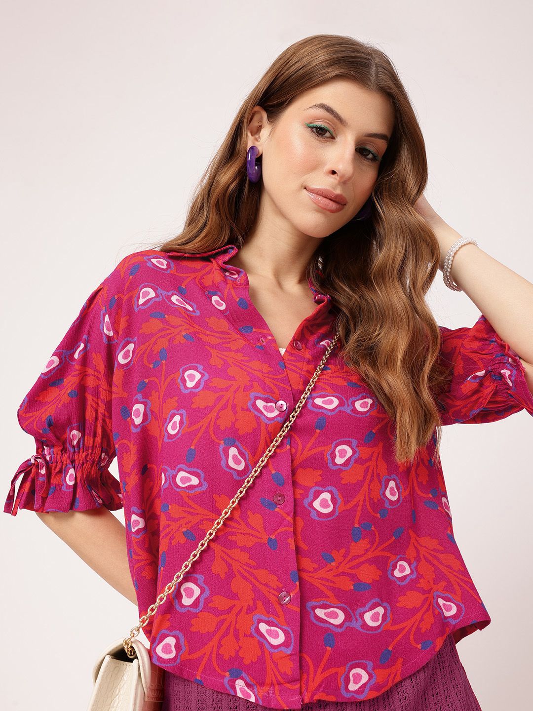 DressBerry Holiday Glam in Pink Printed Shirt Style Top