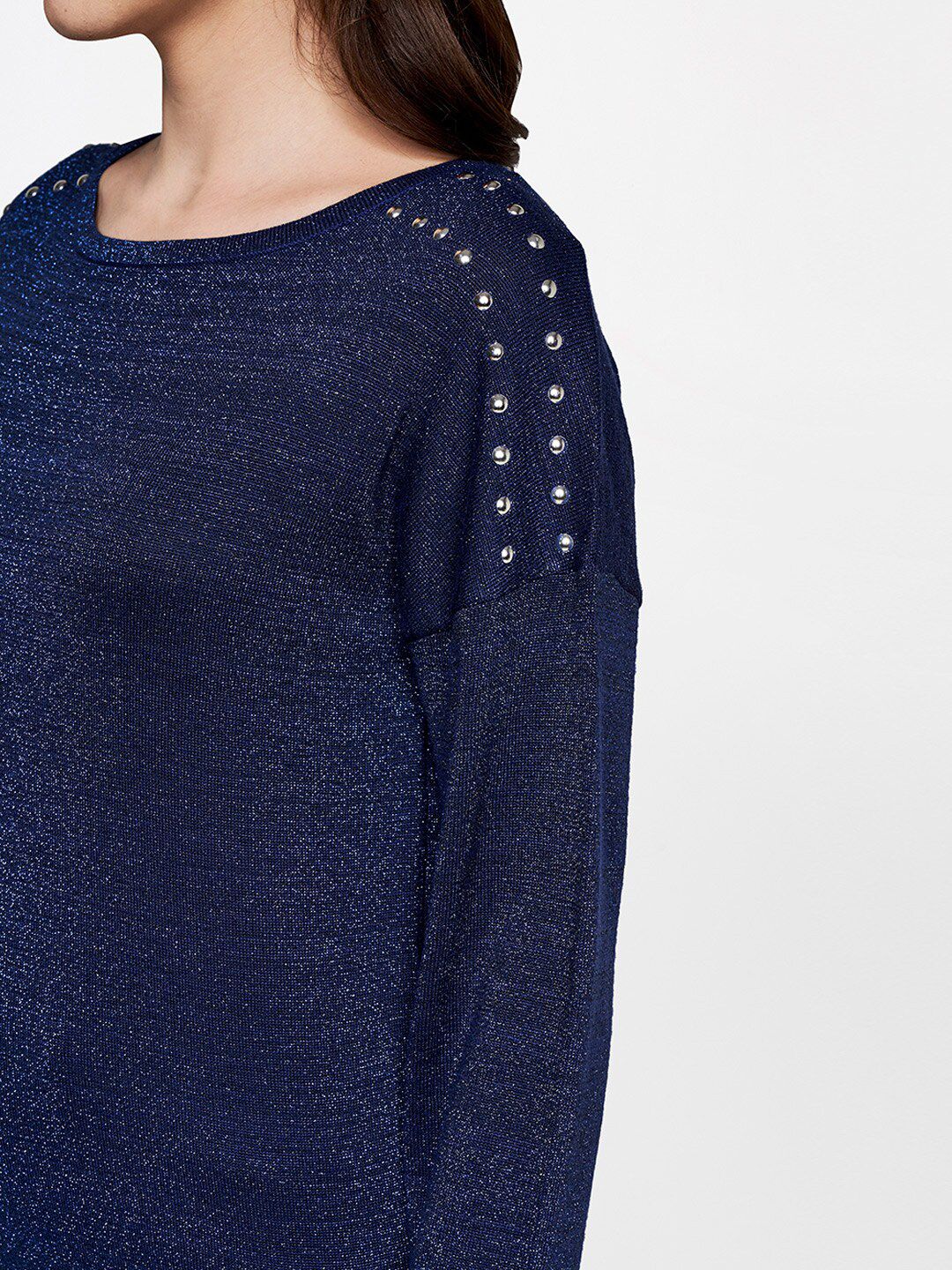 AND Women Navy Blue Extended Sleeves Top