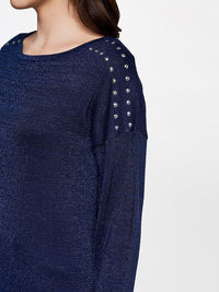 AND Women Navy Blue Extended Sleeves Top