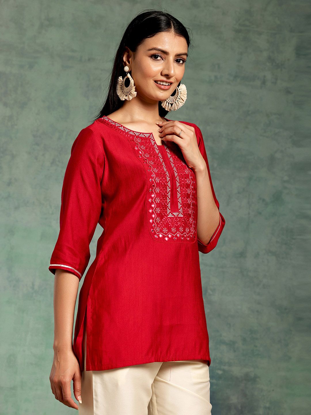 Libas Floral Embroidered Yoke Design Straight Kurti