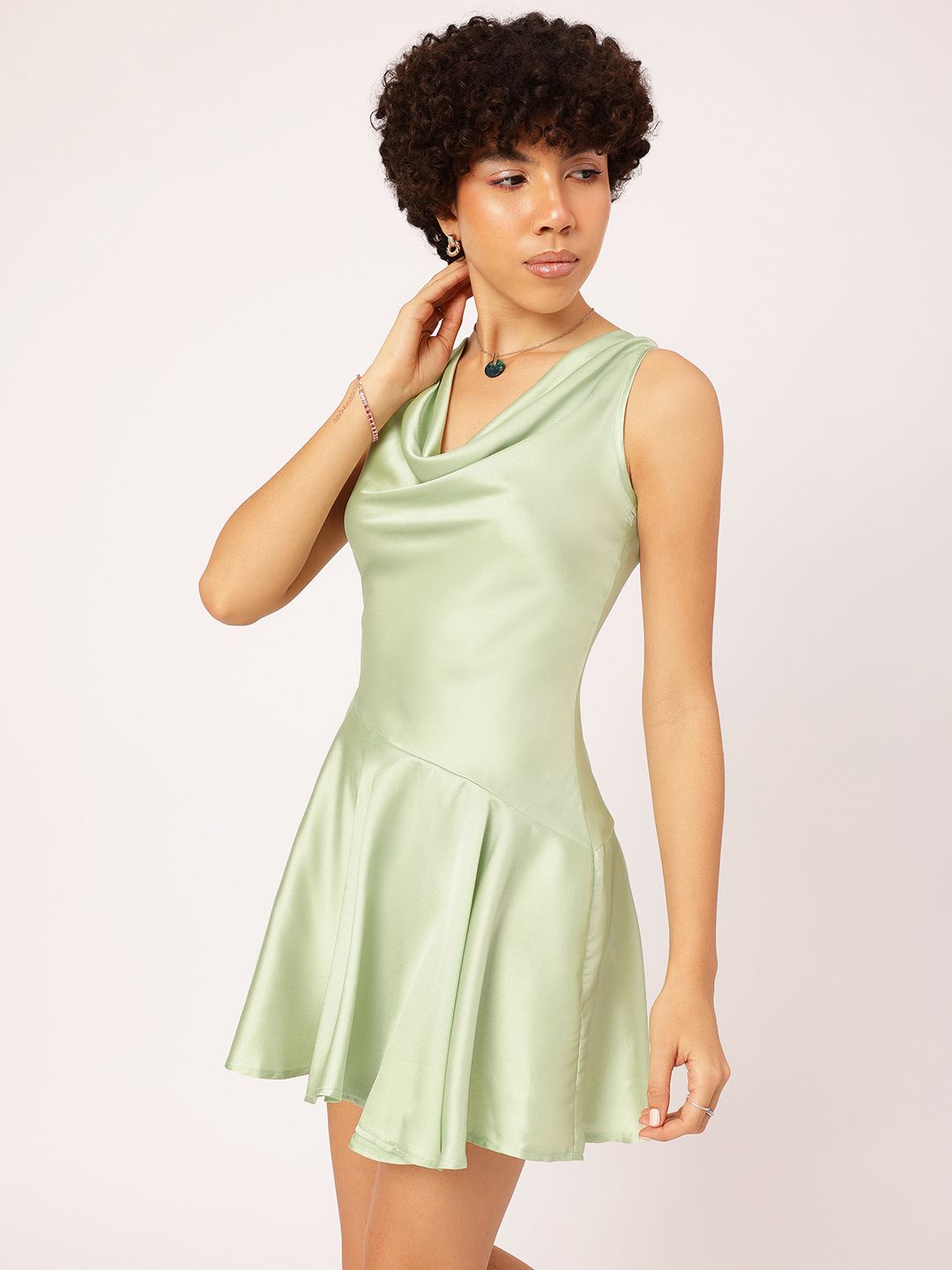 DressBerry Silky Flashback Box Pleats Satin Drop-Waist Mini Dress