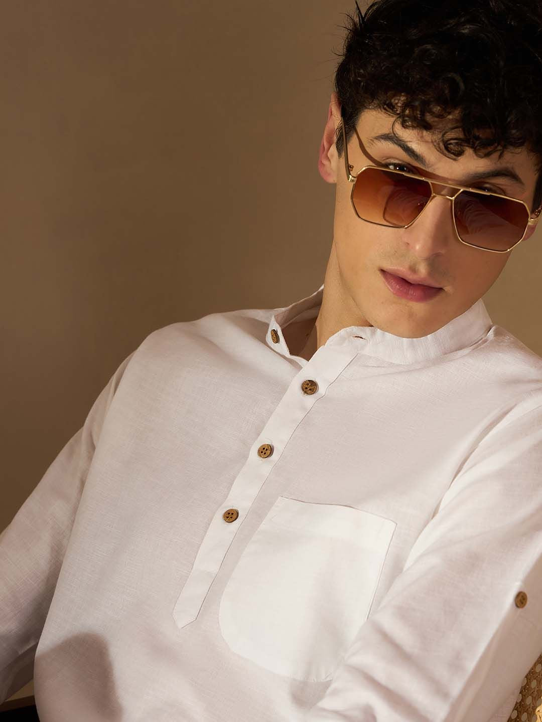 DENNISON Men White Solid Straight Pure Cotton Short Kurta