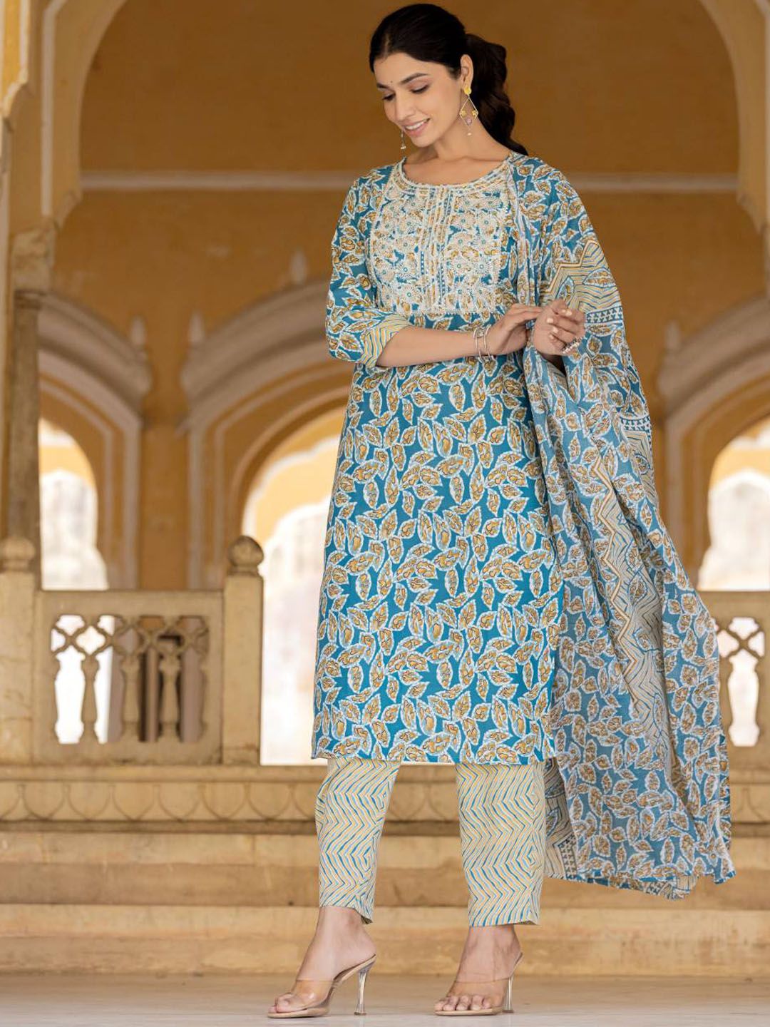 Varanga Floral Printed Regular Thread Work Kurta with Trouser & Dupatta