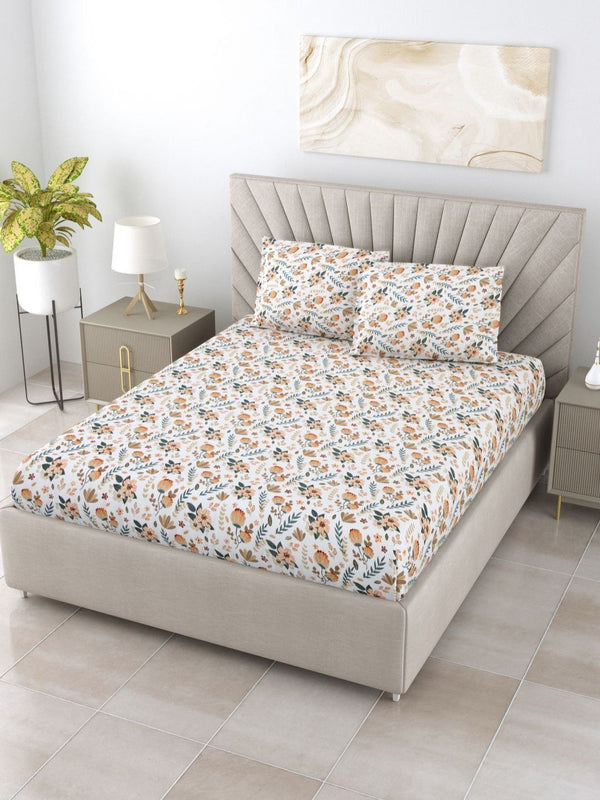 BOMBAY DYEING Dream Lover Brown Floral 104 TC Cotton Queen Bedsheet Set-2.24 m X 2.54 m