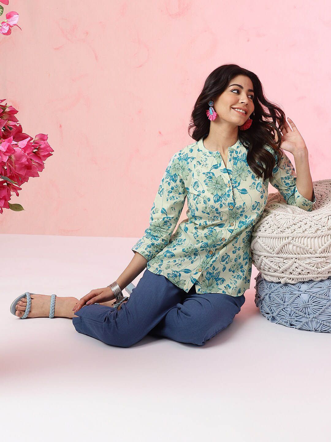 Anouk Blue Floral Printed Mandarin Collar Pure Cotton Top