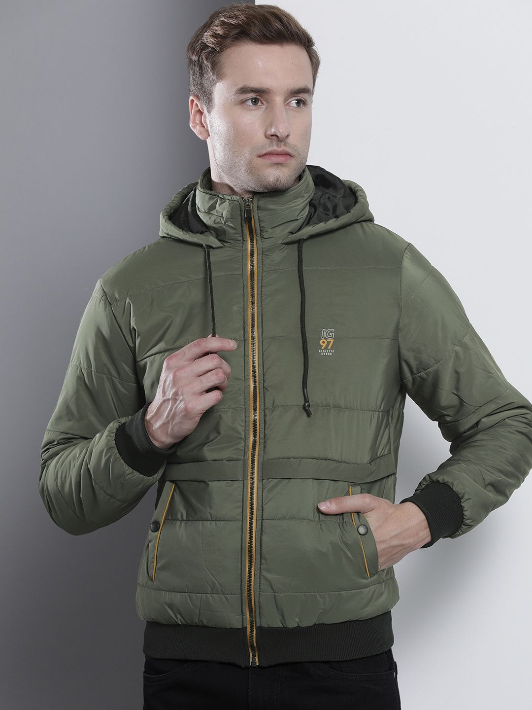 The Indian Garage Co Men Slim Fit Zip-Front Hooded Puffer Jacket