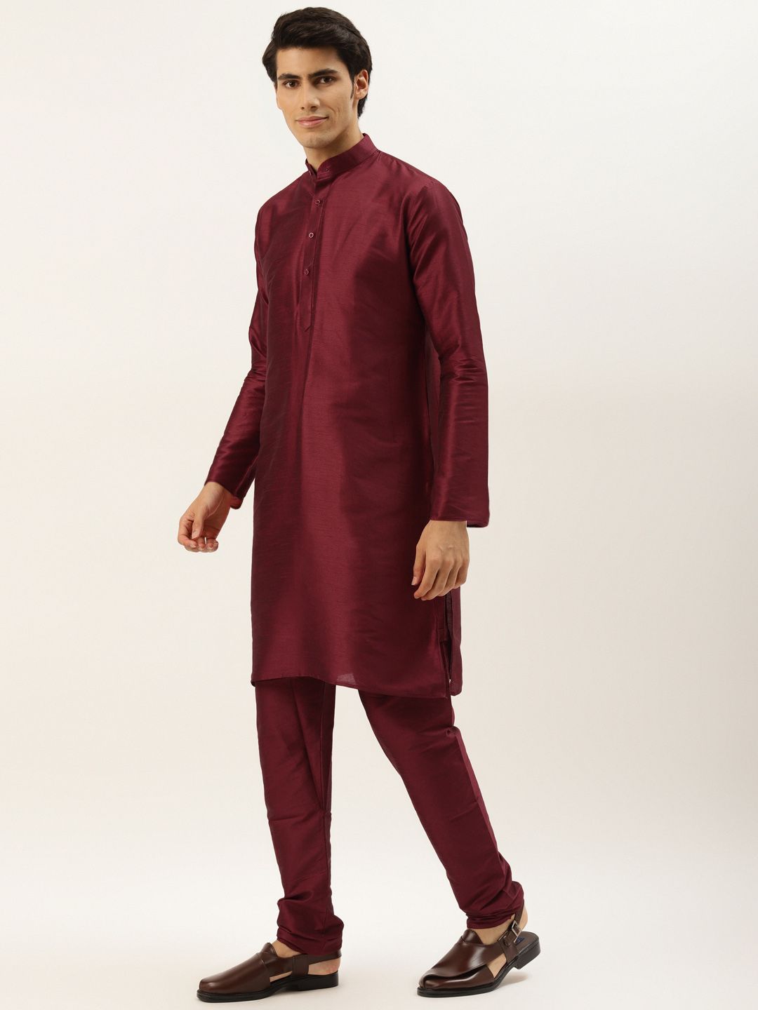 SOJANYA Men Maroon Solid Kurta Set With Printed Jacket