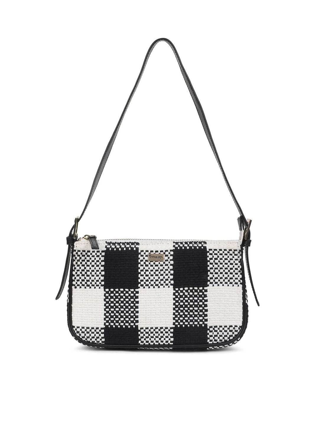 Berrylush Black & White Checked Structured Cotton Handheld Bag
