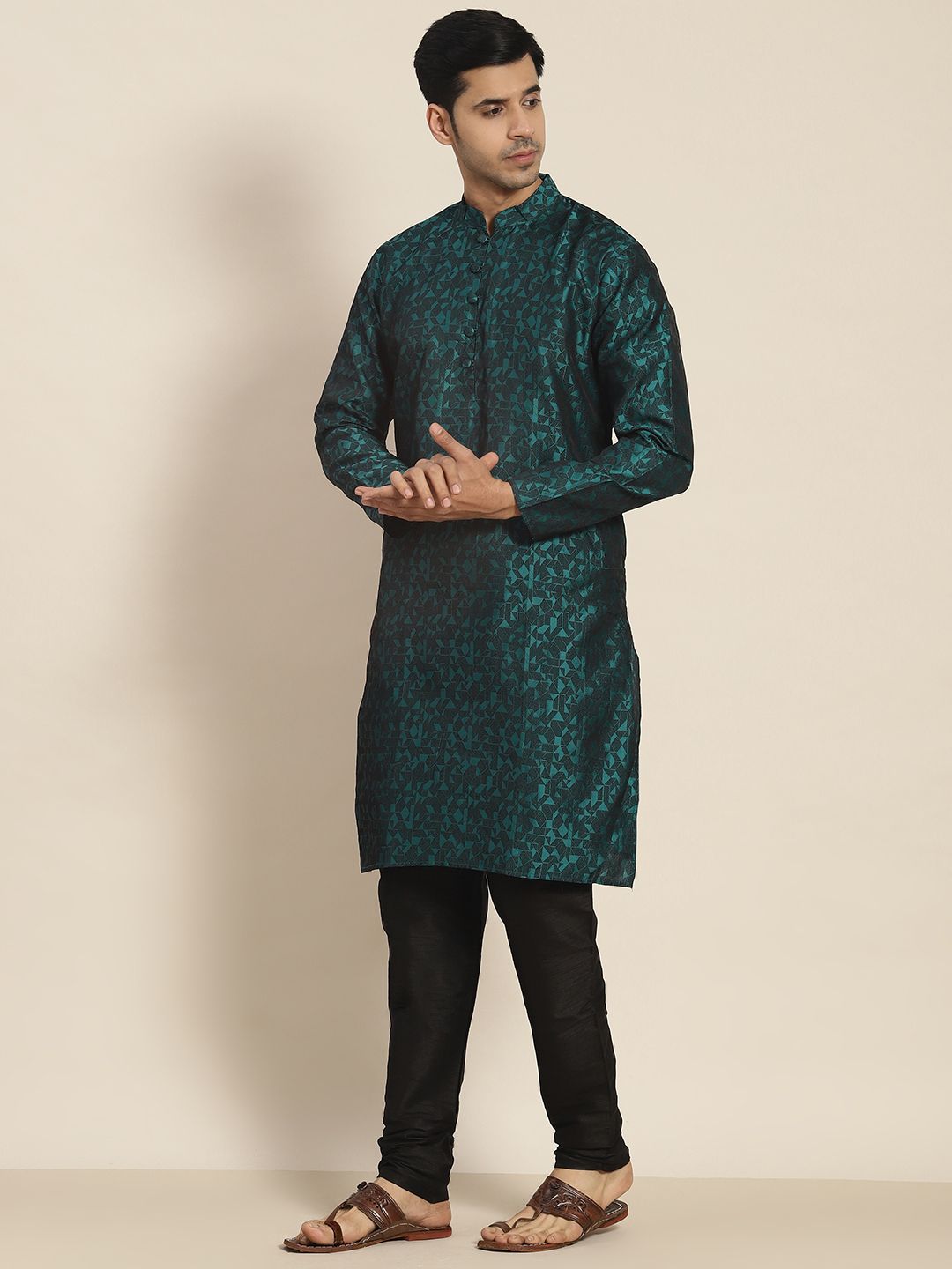 SOJANYA Men Teal Green & Black Jacquard Kurta
