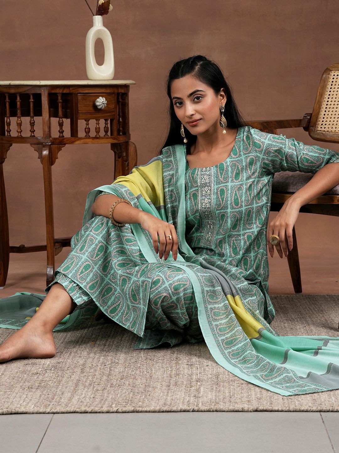 Libas Paisley Printed Thread Work Straight Kurta with Salwar & Dupatta