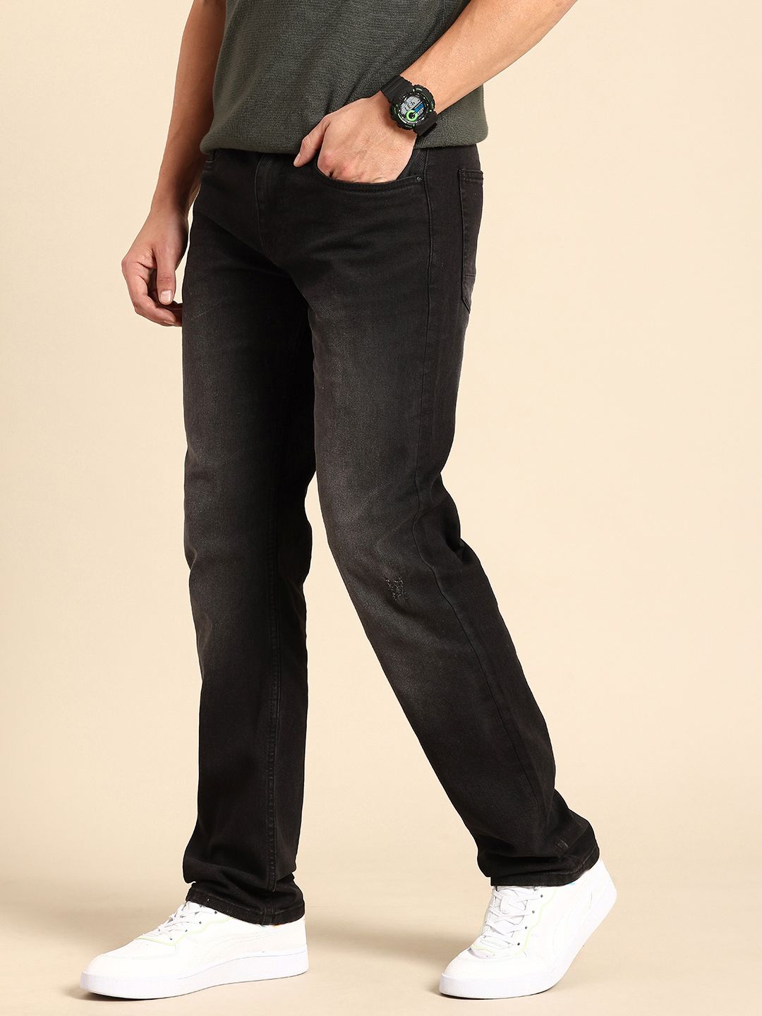 Being Human Men Straight Fit Low Distress Light Fade Stretchable Jeans
