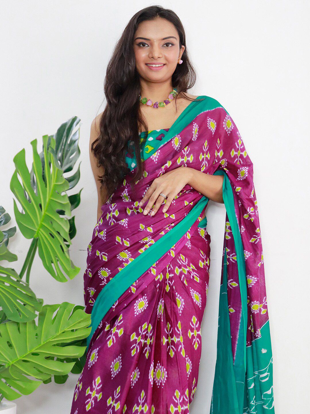 Saree mall Ethnic Motifs Poly Cotton Ikat Ready to Wear Saree