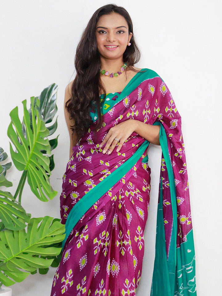Saree mall Ethnic Motifs Poly Cotton Ikat Ready to Wear Saree