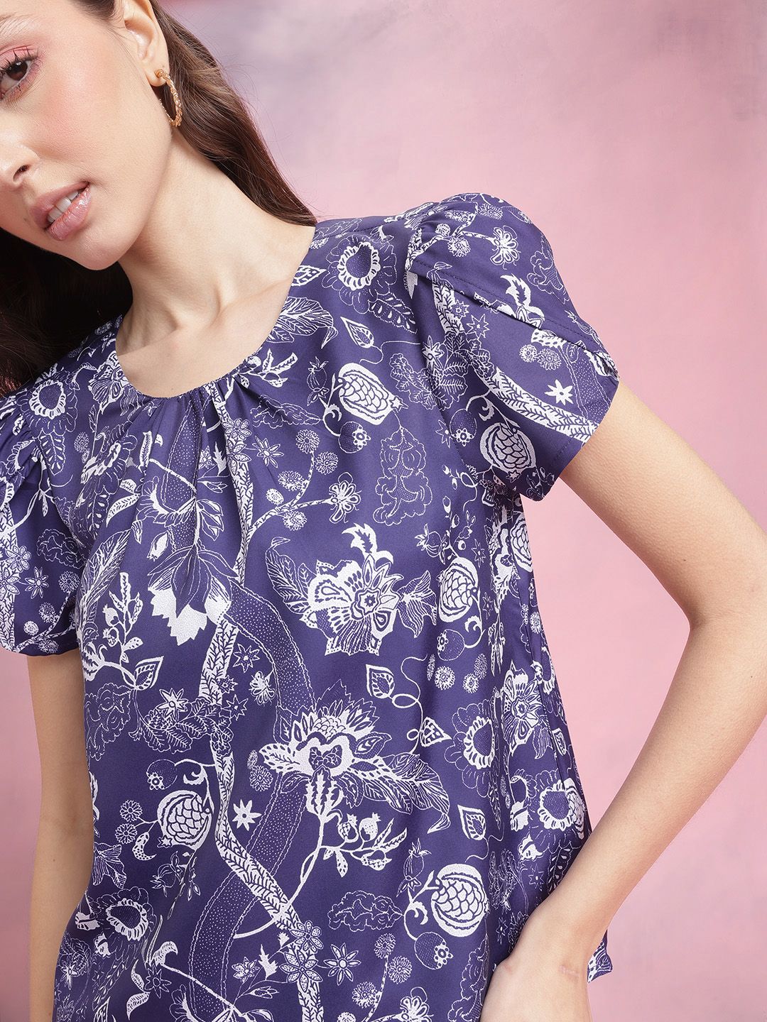 DressBerry Floral Print Gather Detail Puff Sleeve Top