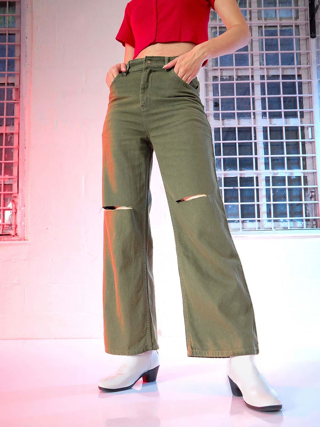 SASSAFRAS Women Olive Green Wide Leg High-Rise Jeans