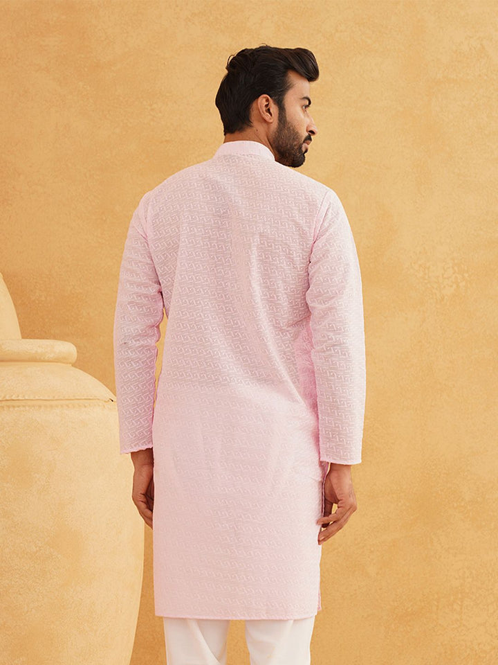 SOJANYA Men Pink Chikankari Embroidered Straight Kurta
