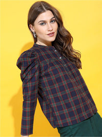 Tokyo Talkies Navy Blue Checked Mandarin Collar Pure Cotton Shirt Style Top