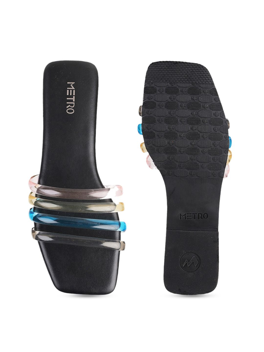 Metro Women Black Striped Open Toe Flats