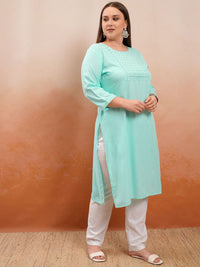 Vishudh Plus Size Blue Floral Yoke Design Thread Work Straight Kurta