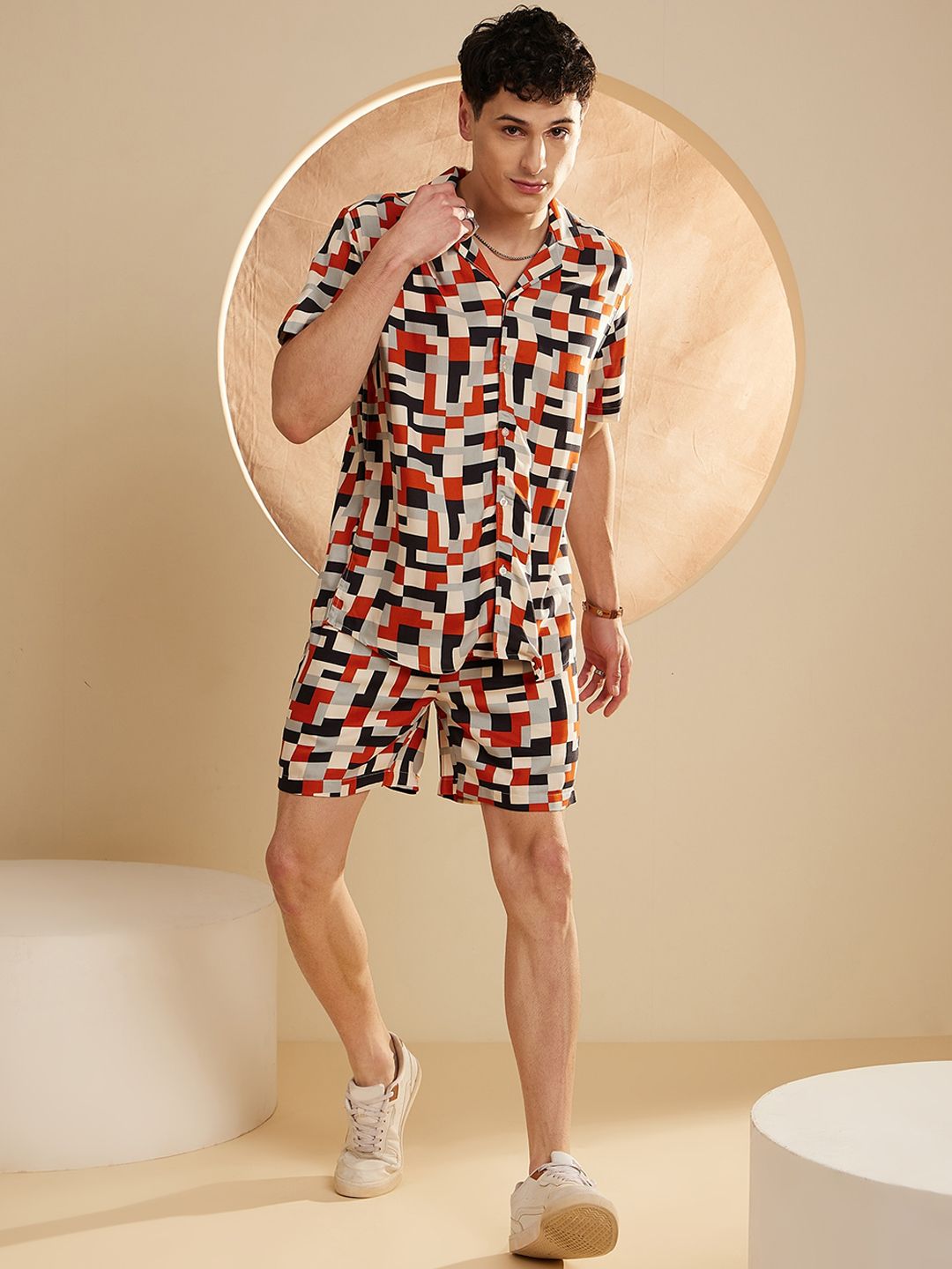 DENNISON The Vacay Mode Geometric Printed Shirt-Collar Shirt With Shorts