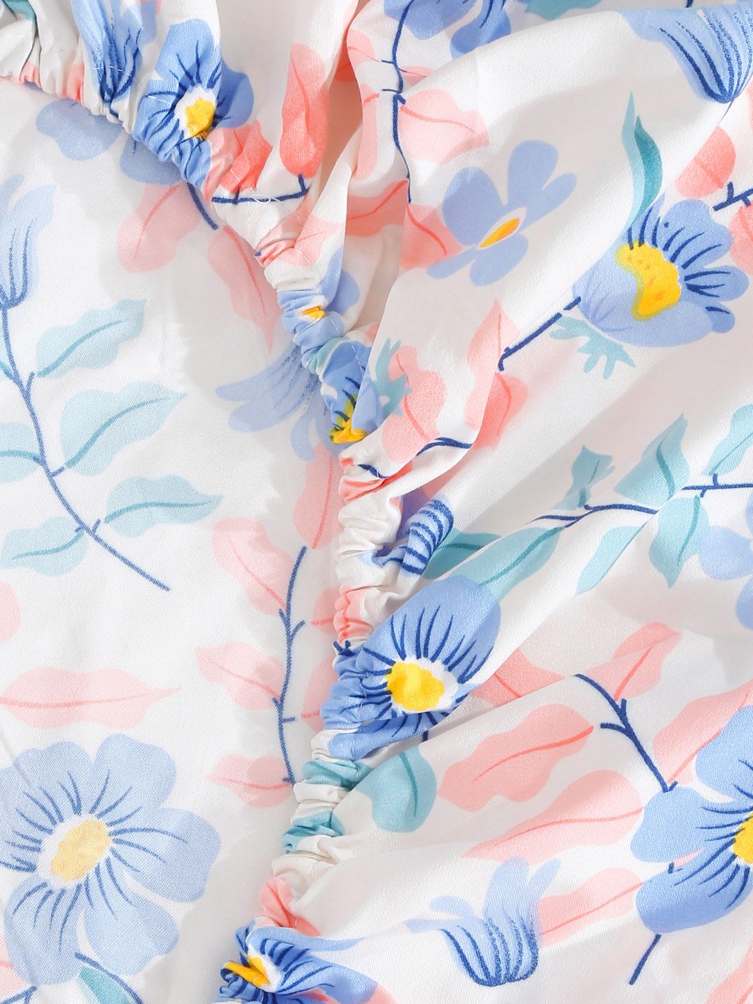KLOTTHE White Floral Polycotton 300 TC Fitted Single Fine Bedsheet with a Pillow Cover-87 x 59 inches
