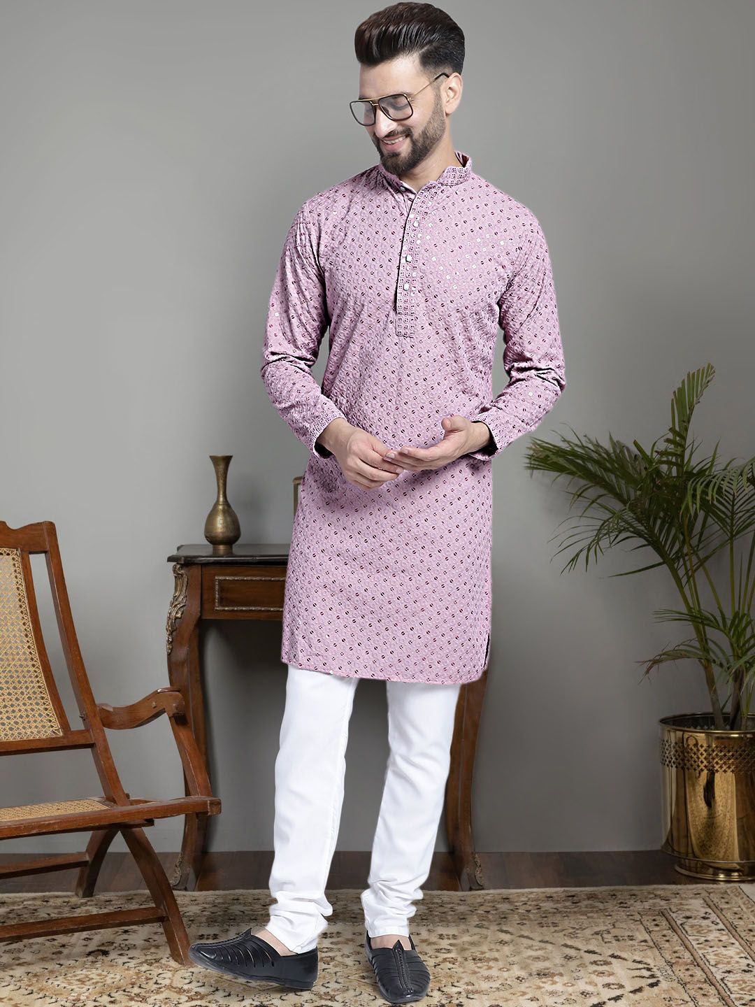 Jompers Ethnic Motifs Embroidered Chikankari Sequinned Pure Cotton Kurta With Churidar