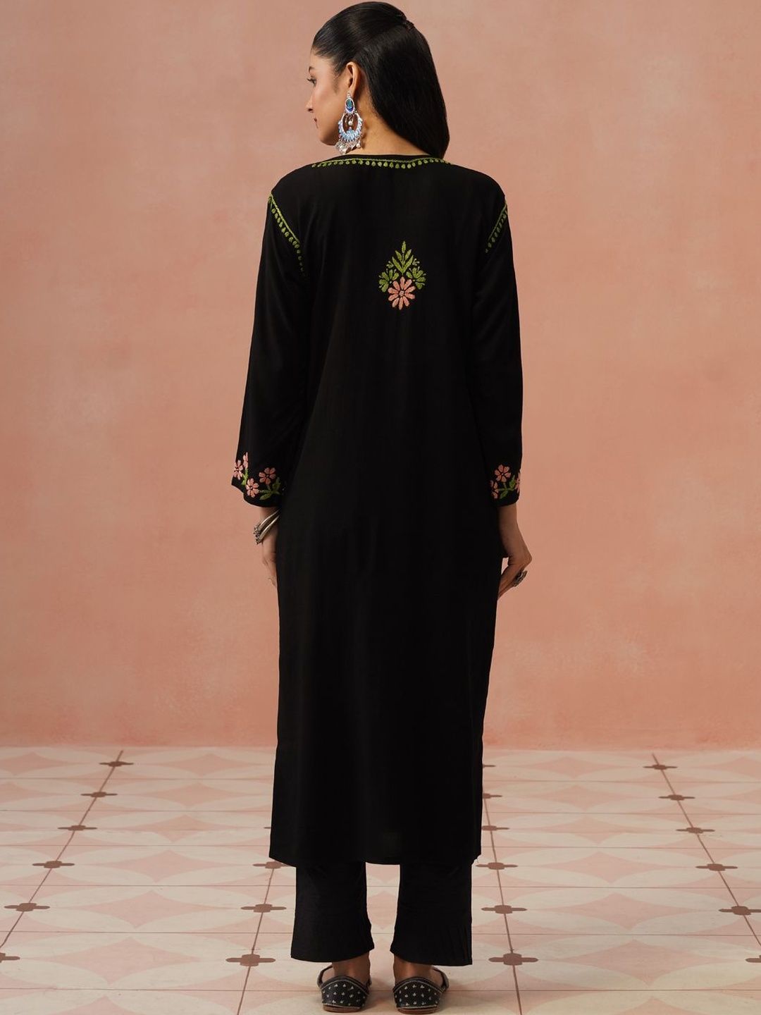 Rumah Wanita Chikankari Kerja Benang Sulam Bunga Kurta Bunga