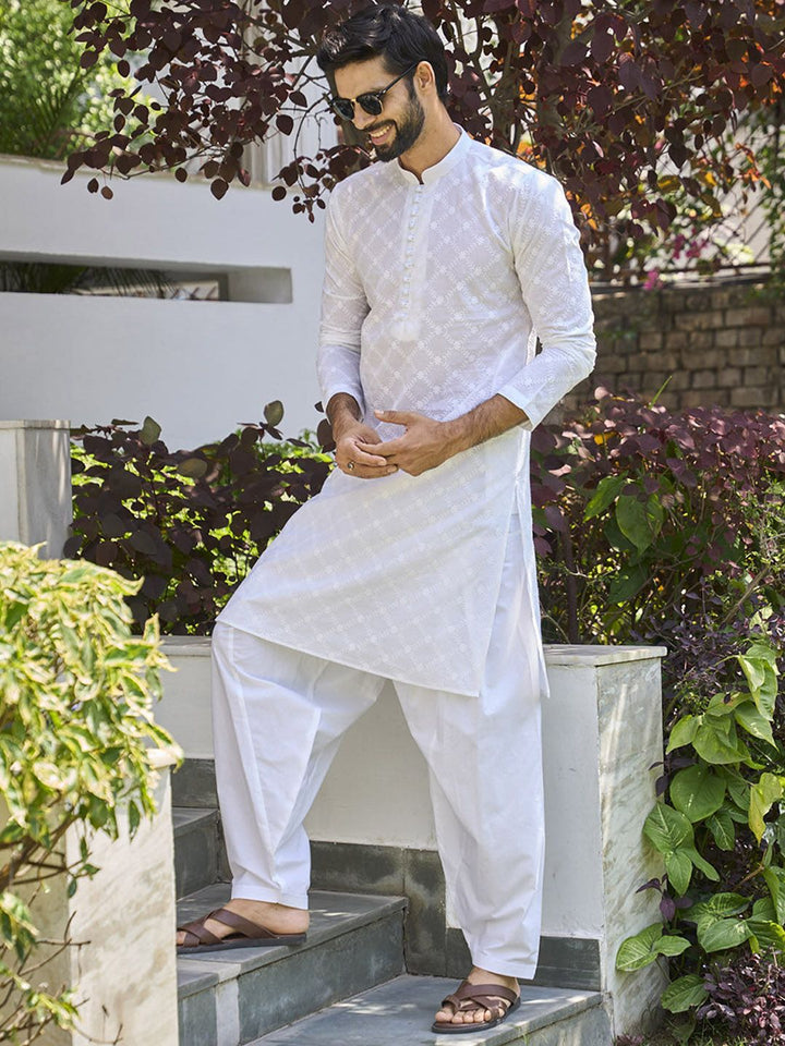 See Designs Mandarin Collar Floral Embroidered Chikankari Pure Cotton Kurta