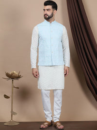 Anouk Floral Embroidered Regular Pure Cotton Straight Kurta With Churidar & Nehru Jacket