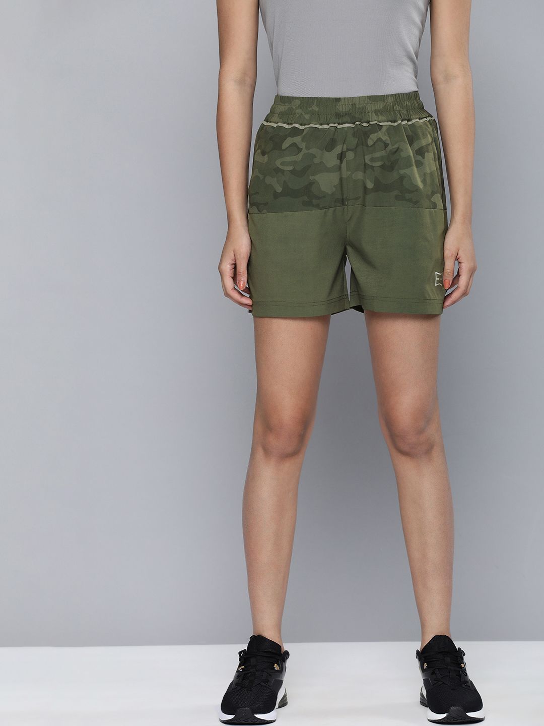 HRX By Hrithik Roshan EDGE Women Olive Green Camouflage Rapid-Dry AOP Lifestyle Shorts