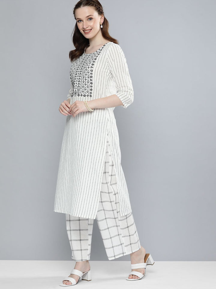 Vishudh Women Off White Striped Regular Pure Cotton Kurta with Palazzos