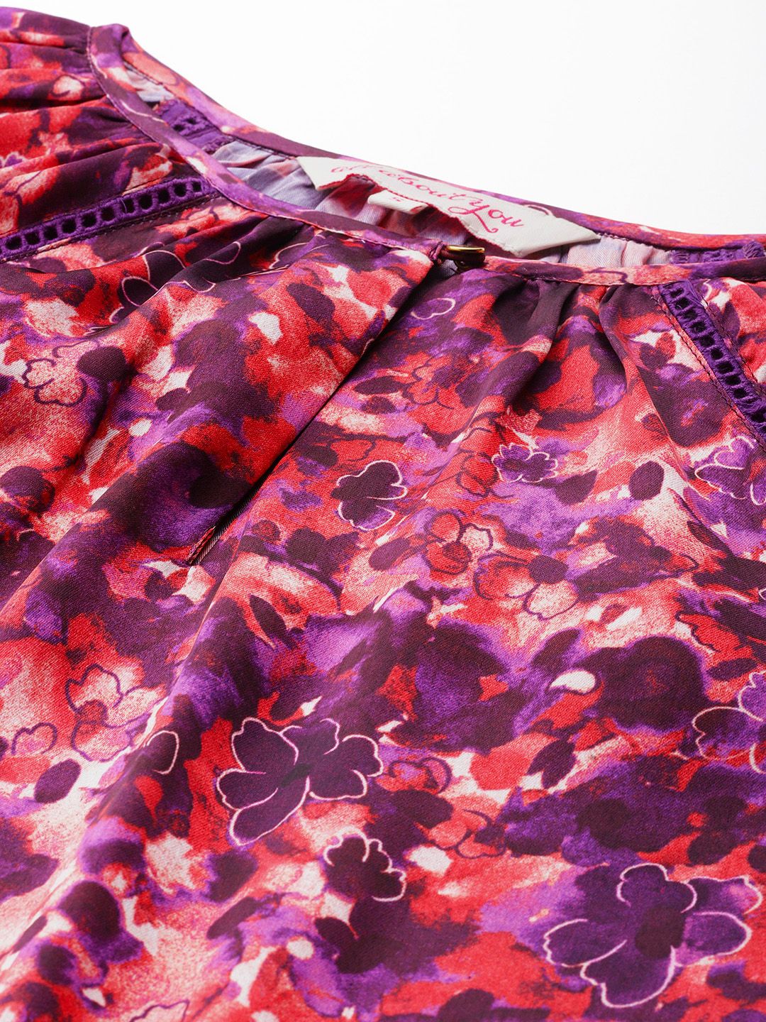 all about you Satin Finish Floral Print Keyhole Neck Top