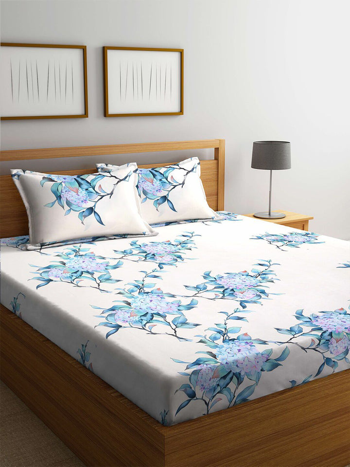 KLOTTHE Navy Blue Floral Cotton 300 TC King Fine 2 Cadar dengan 4 Sarung Bantal-98 x 87 inci