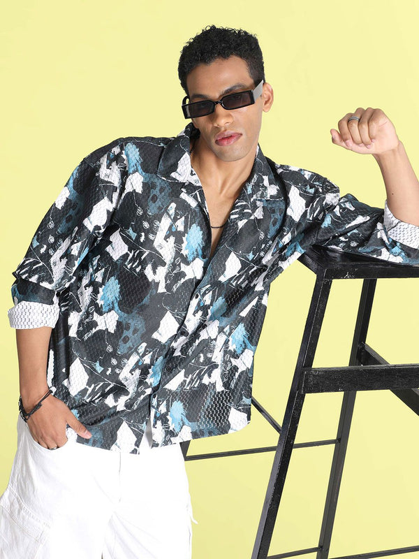 Bene Kleed Men Classic Cuban Collar Abstract Printed Oversized Casual Shirt