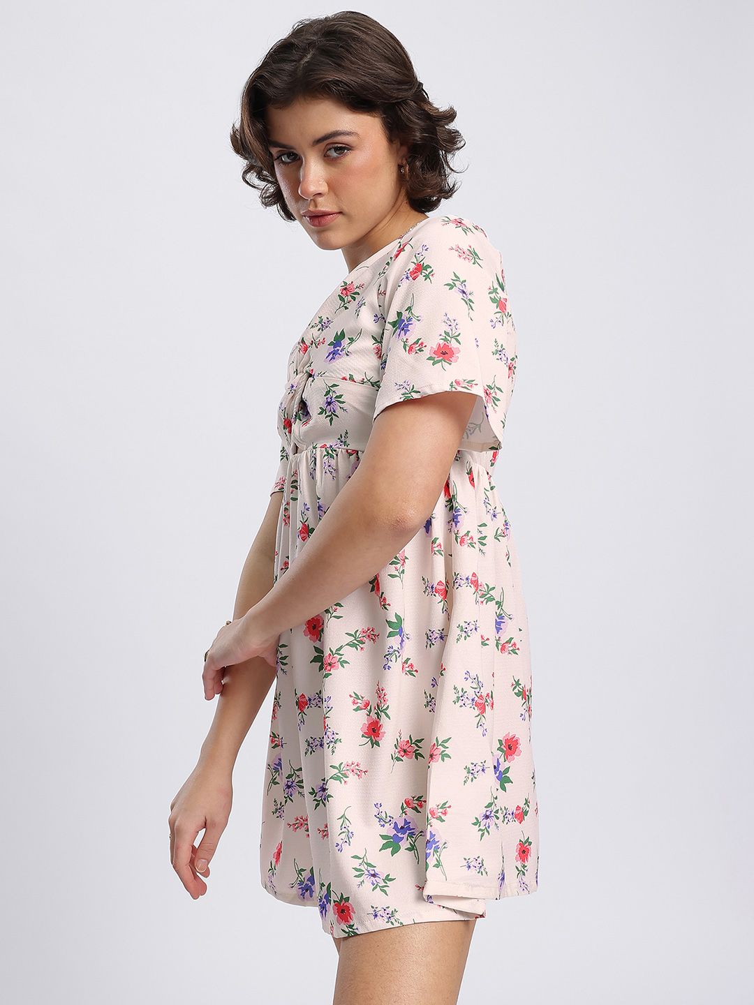 DressBerry Floral Print Twisted Cut-Out Detail Mini Sheath Dress