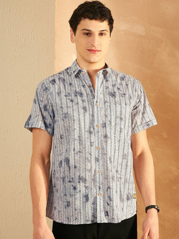 Dennison Smart Printed Collar Collar Short Sleeves Pure Cotton Lightweight Shirt