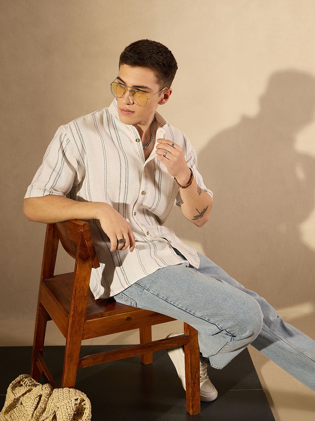 DENNISON Men Striped Drop Shoulder Oversized Cotton Shirt