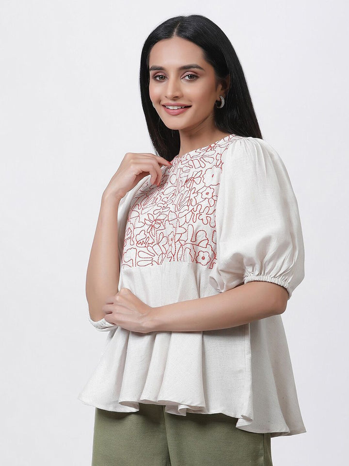 W Embroidered Puffed Sleeves A-Line Top