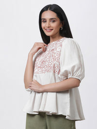 W Embroidered Puffed Sleeves A-Line Top