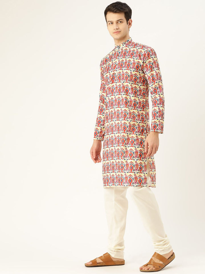 SOJANYA Lelaki Rust & Off-White Motif Etnik Cetak Kurta Lurus