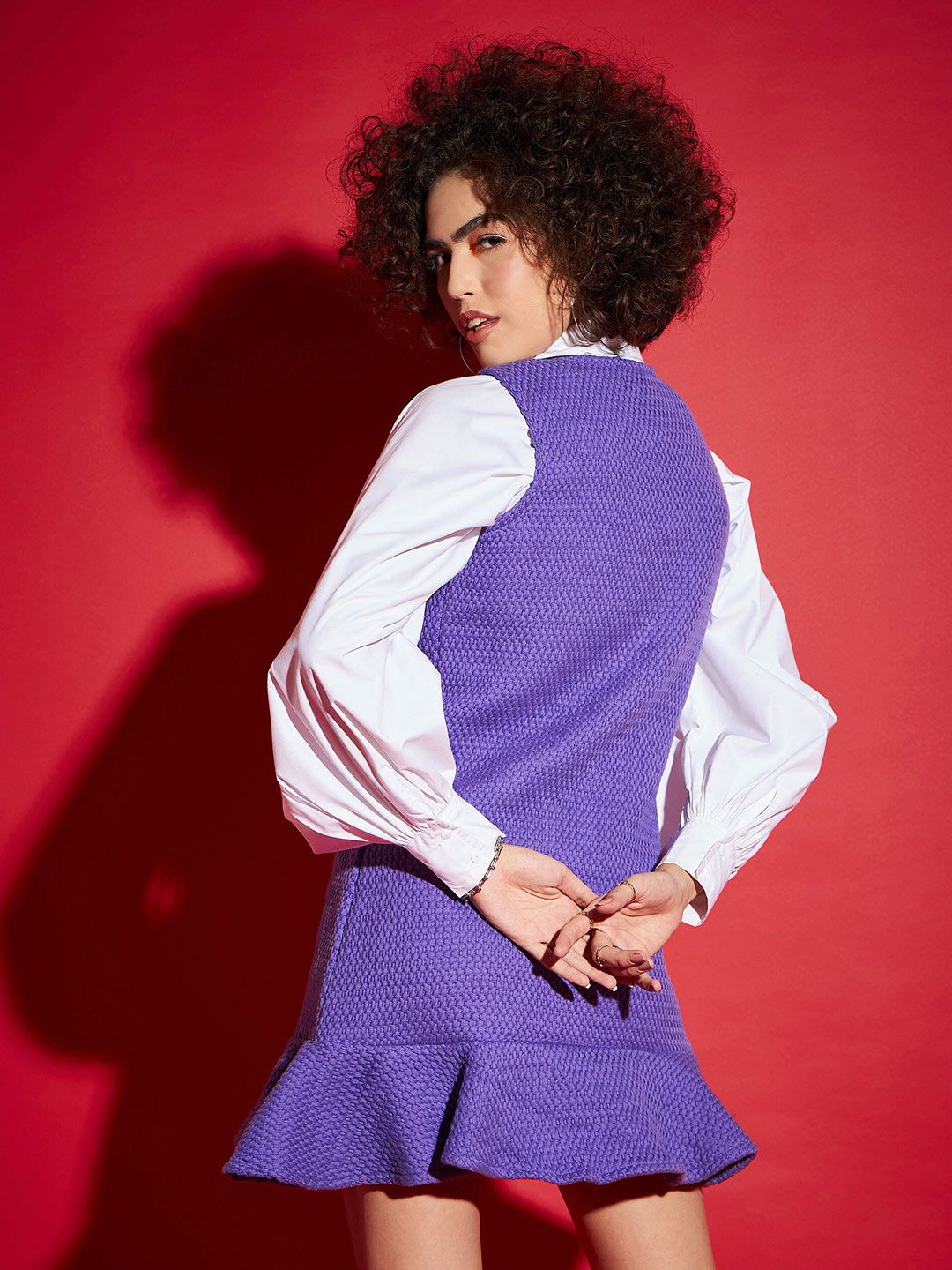 SASSAFRAS Purple Puff Sleeves Shirt Style Mini Dress