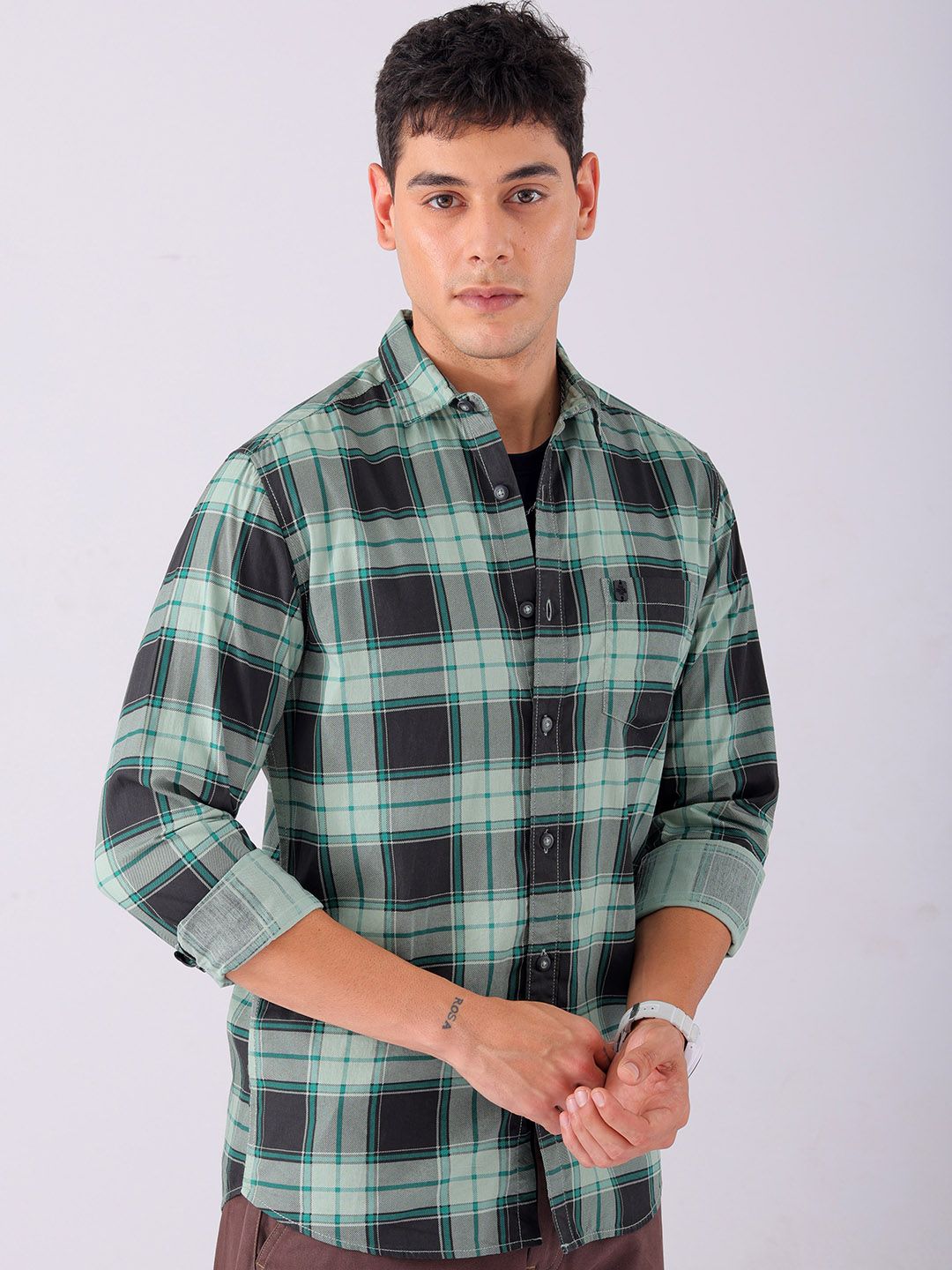 The Indian Garage Co Men Black & Green Tartan Checks Pure Cotton Casual Shirt