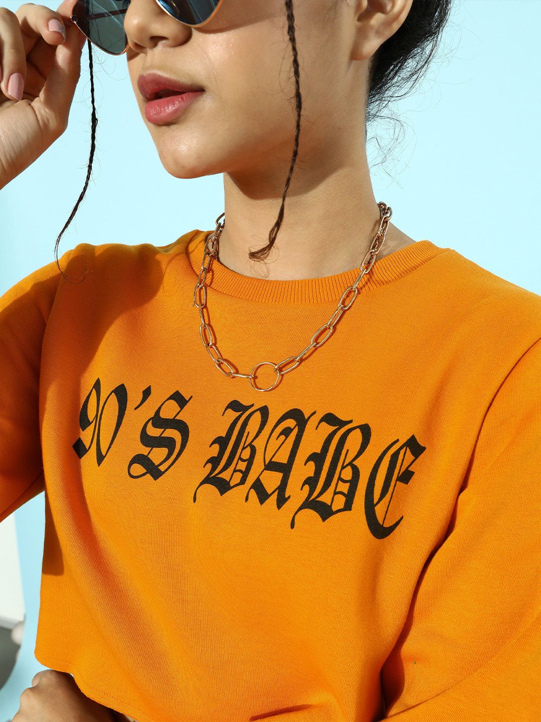STREET 9 Women Bright Orange Typography Cropped Sweatshirt