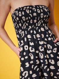 Berrylush Black Anima Printed Strapless Sleeveless Wide Leg Smocked Basic Jumpsuit