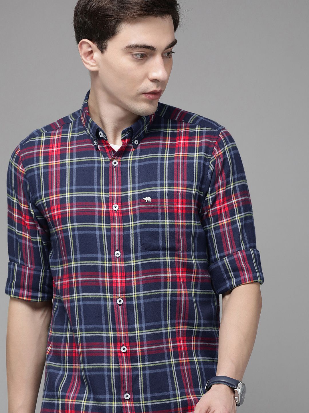 THE BEAR HOUSE Men Blue Flannel Slim Fit Pure Cotton Checked Casual Shirt