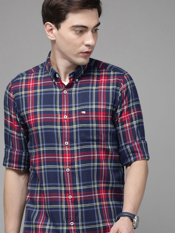 The Bear House Men Blue Flanel Slim Fit Cotton Pure Chassed Shirt