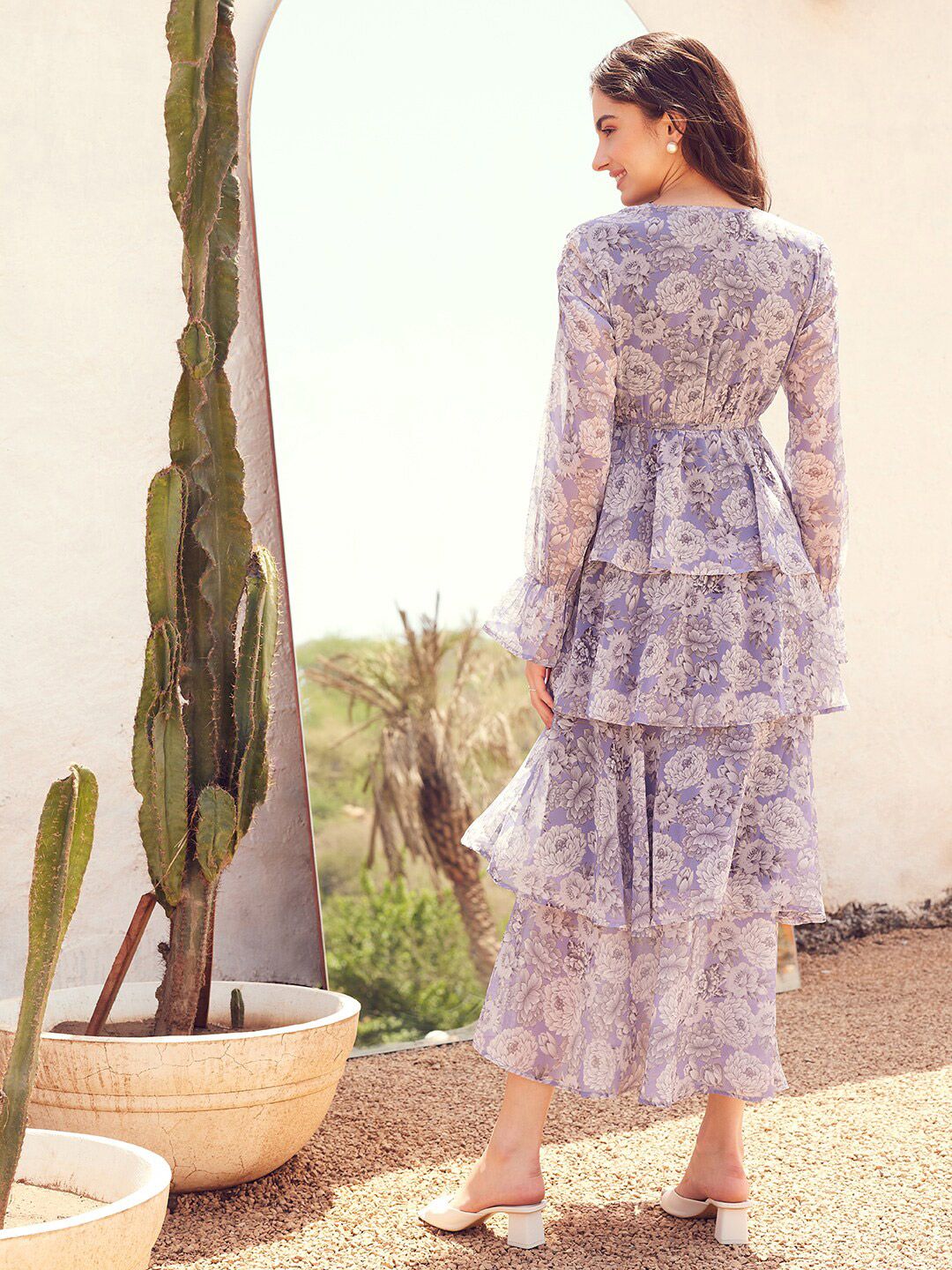 STREET 9 Floral Printed Puffed Sleeves Layered Georgette A-Line Maxi Dress