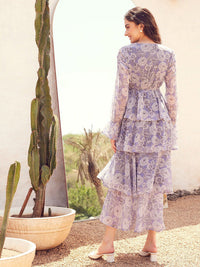 STREET 9 Floral Printed Puffed Sleeves Layered Georgette A-Line Maxi Dress