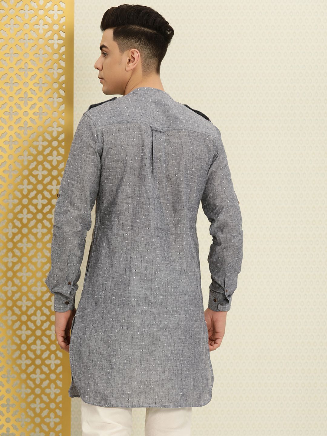 House of Pataudi Men Grey Solid Roll Up Sleeved Pathani Kurta
