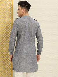 House of Pataudi Men Grey Solid Roll Up Sleeved Pathani Kurta
